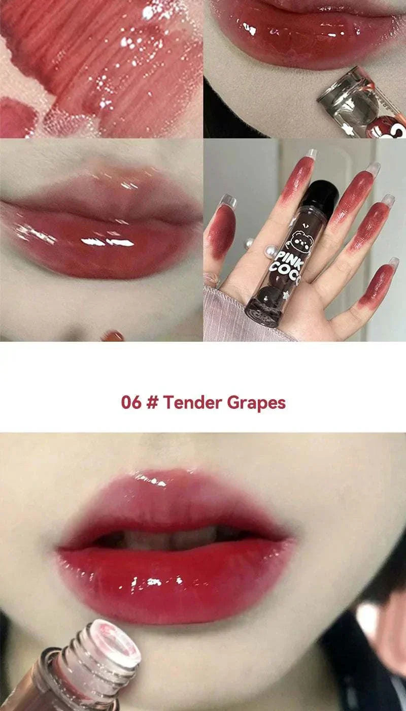 PINKCOCO Bear Doodle Mirror Lip Glaze in Tender Grapes shade showing glossy, hydrating mirror-like lips with cute bear doodle packaging and smooth texture.