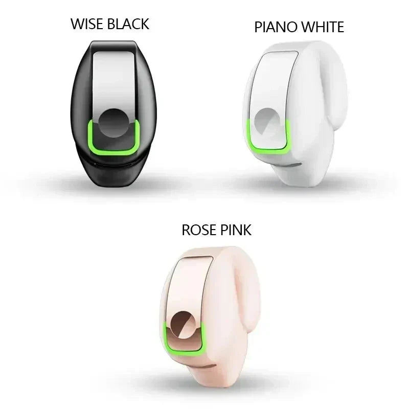 Bluetooth clip-on bone conduction earphones in black, white, and pink with lightweight secure fit and sleek design.