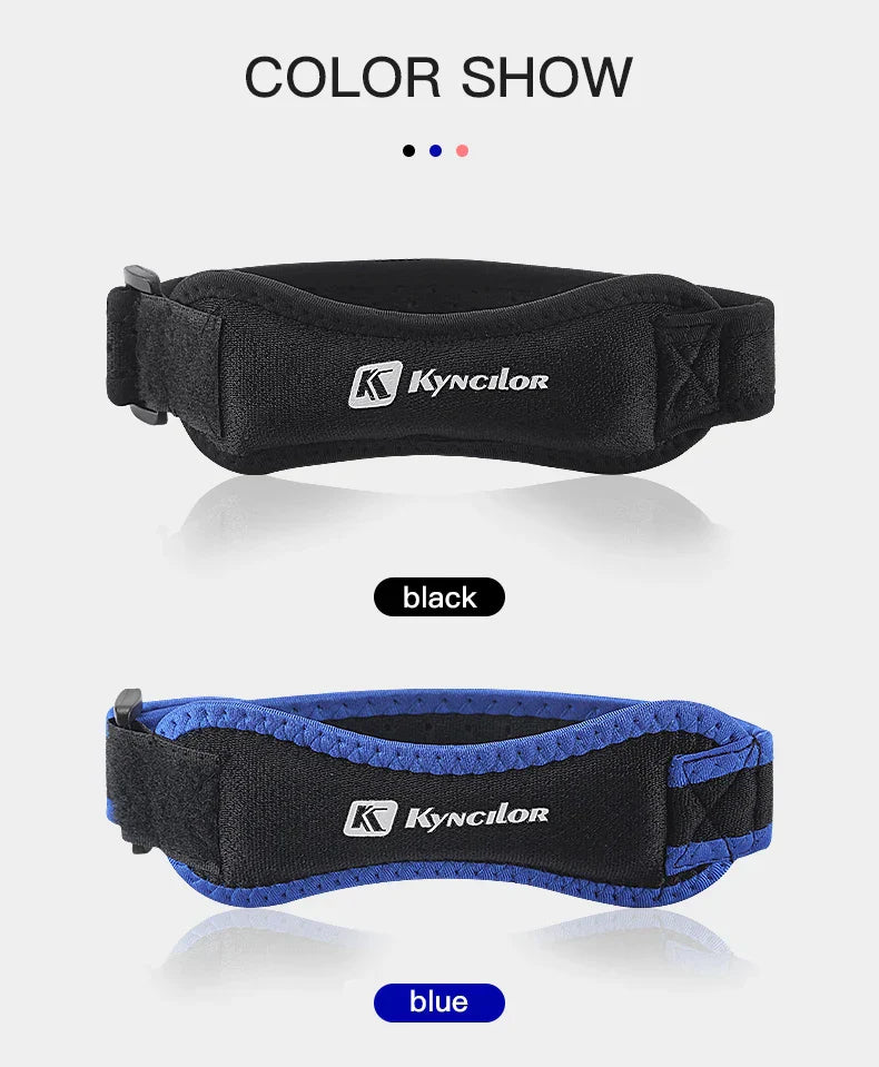 Adjustable silica gel knee tendon strap protector in black and blue for pain relief and joint stabilization