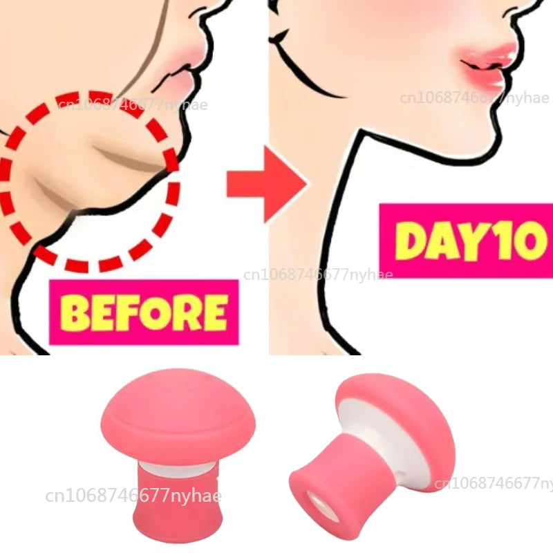 Fast Thin Face silica gel mouth jaw exerciser showing before and after V-shape face slimming results with pink jaw workout tool.