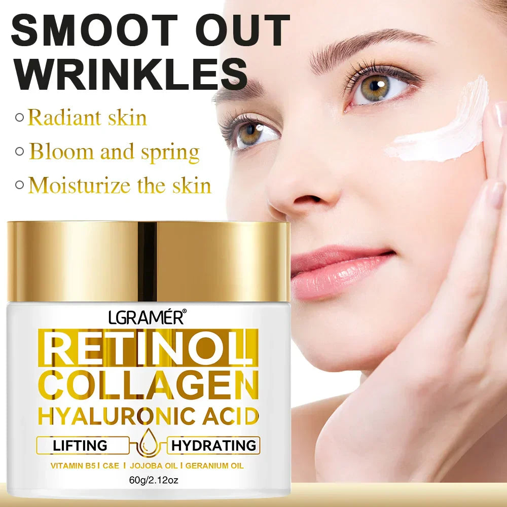 Retinol Anti-Aging Face Cream with collagen and hyaluronic acid for smoothing wrinkles, hydrating, and firming skin.