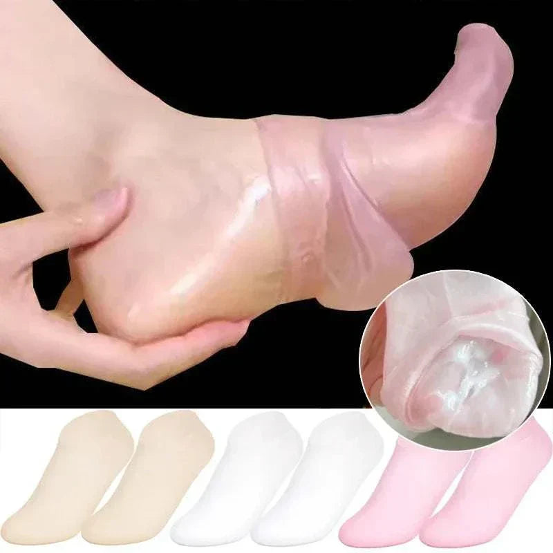 Universal Silicone Foot Repair foot mask on heel, moisturizing and healing cracked skin, reusable silicone socks in beige, white, and pink colors.
