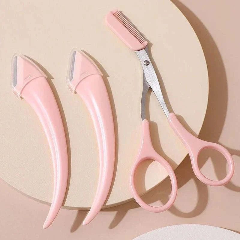 Karsyngirl Eyebrow Trimming Knife Set with precision razors and comb scissors in pink for grooming and shaping eyebrows.