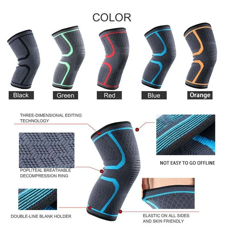 Set of knee supports for fitness, running, and cycling in multiple colors with breathable, elastic, and durable design for joint pain relief and injury prevention.