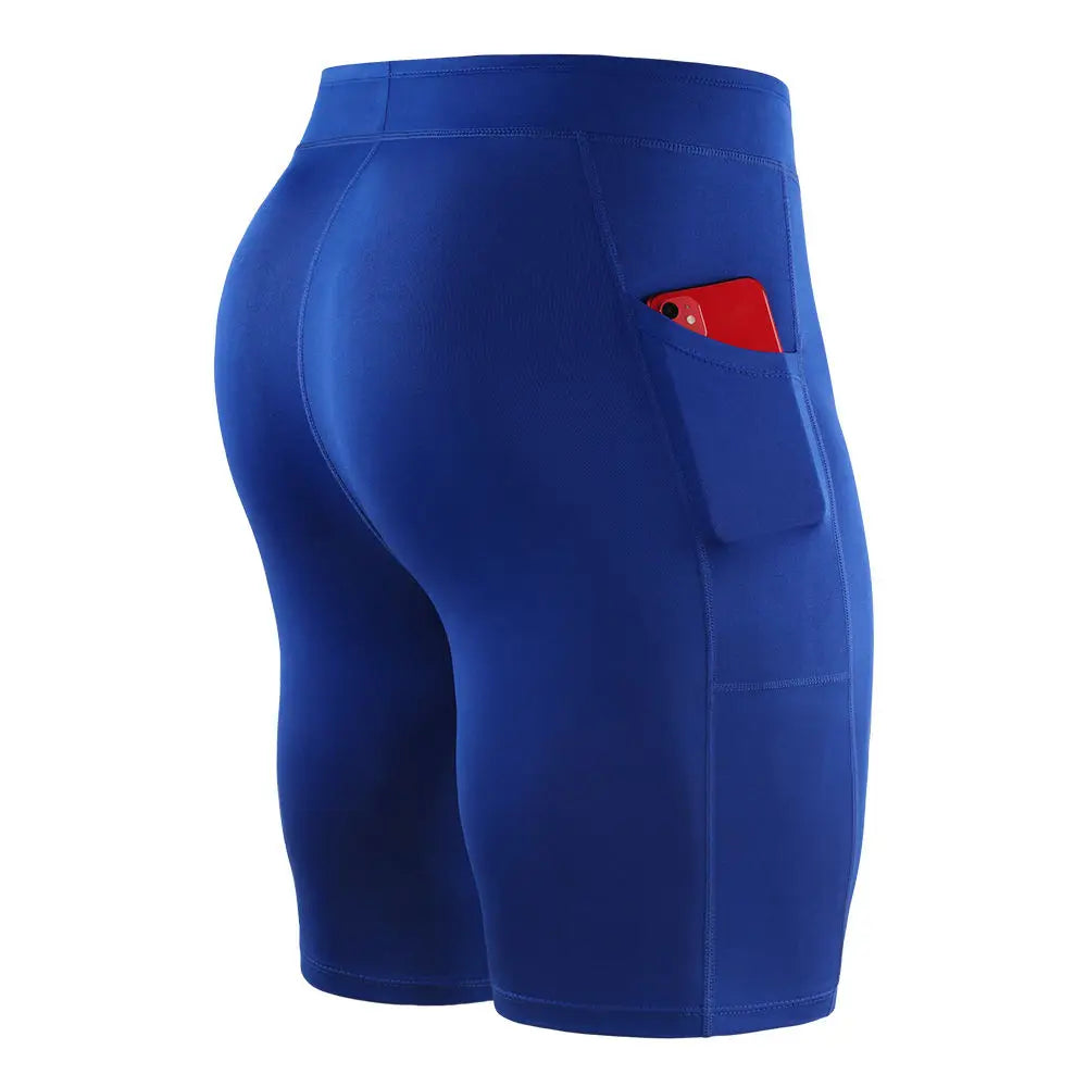 Men's outdoor running shorts in blue with side pocket holding a phone, breathable and flexible multi-sport design