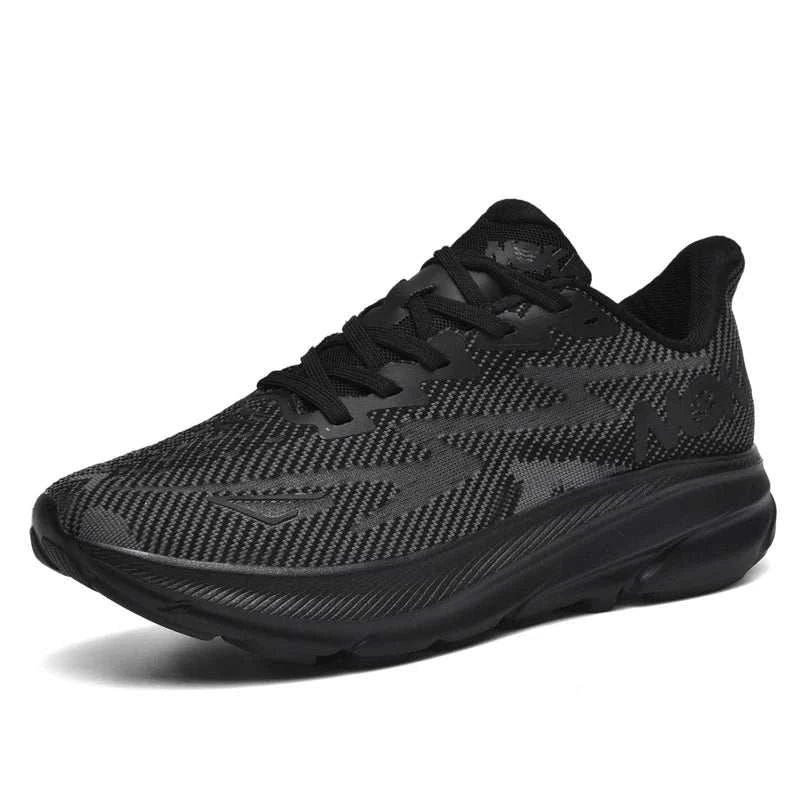 Black unisex carbon plate air cushion running shoe with lightweight breathable mesh upper and durable rubber outsole