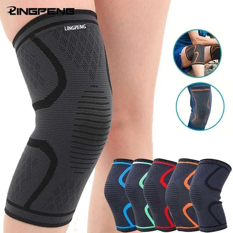 Black breathable knee support sleeve for running and cycling with colored trim options for joint protection and injury prevention