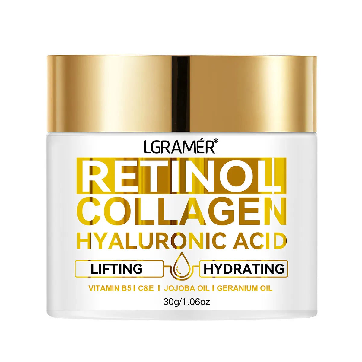 Retinol Anti-Aging Face Cream with collagen and hyaluronic acid for lifting and hydrating skin in a gold-capped white jar.