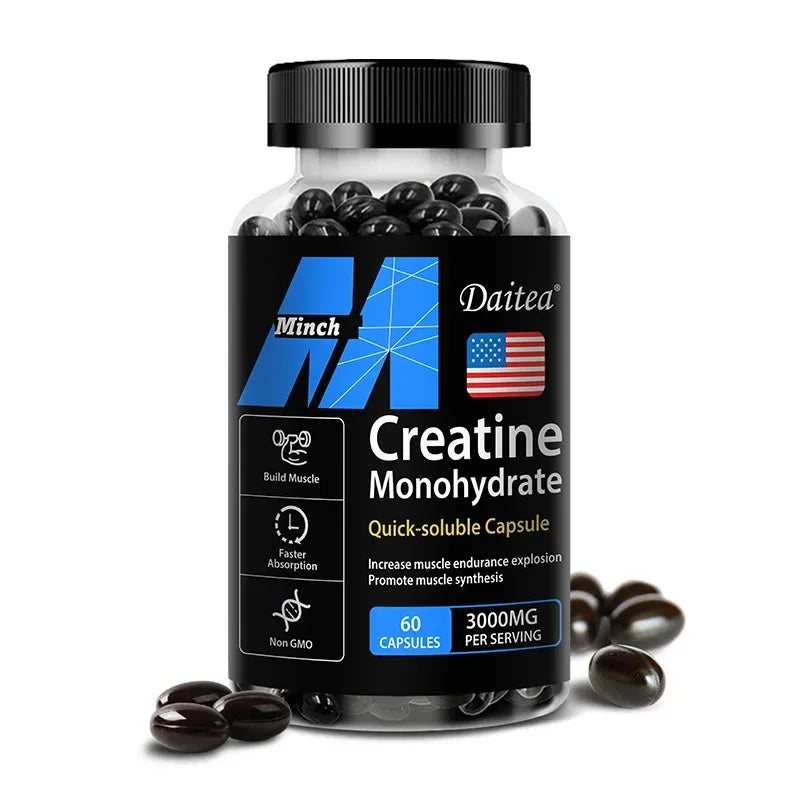 Daitea Creatine 3000 mg Monohydrate quick-soluble capsules for muscle endurance and synthesis, 60 non-GMO capsules.
