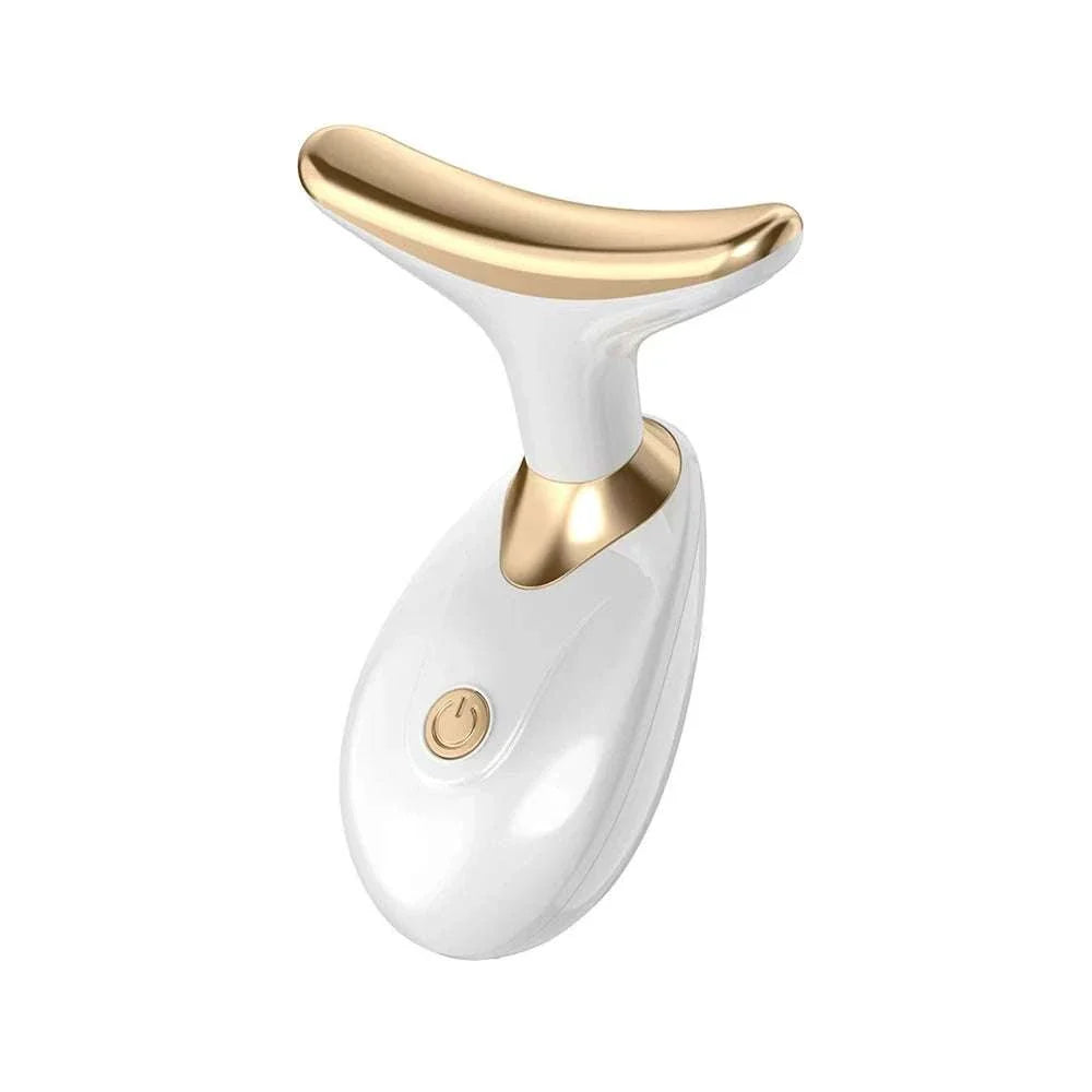 Compact neck lifting beauty device with gold and white ergonomic design for anti-aging and wrinkle reduction massage