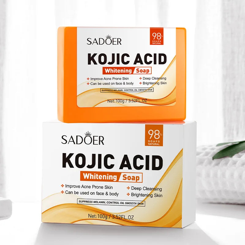 SADOER Kojic Acid Facial Soap bar and packaging for whitening, deep cleansing, acne improvement, and brightening skin use on face and body