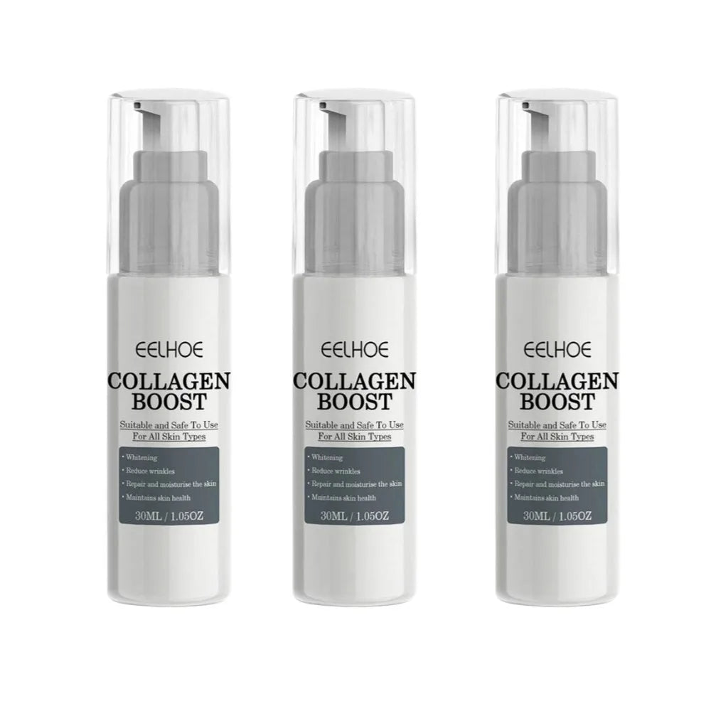 Three bottles of EELHOE Collagen Boost Firming Essence Cream for all skin types, 30ml each, for hydration and anti-aging skincare