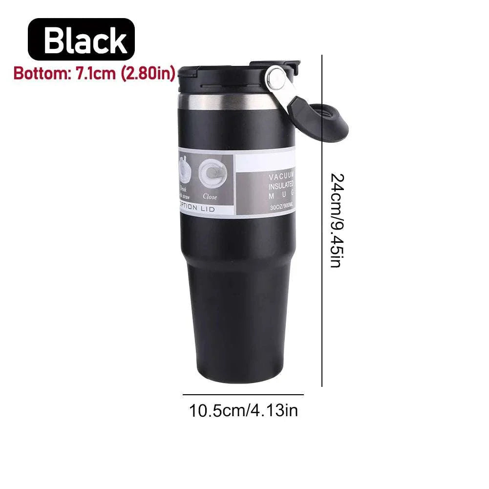 30oz black vacuum insulated cup with handle, stainless steel double-layer, leak-resistant lid, and large capacity for hot and cold beverages.