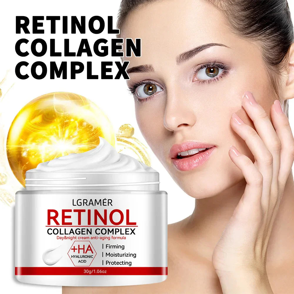 Retinol Lifting & Firming Collagen Cream jar with woman applying moisturizer for wrinkle smoothing and brightening skin care