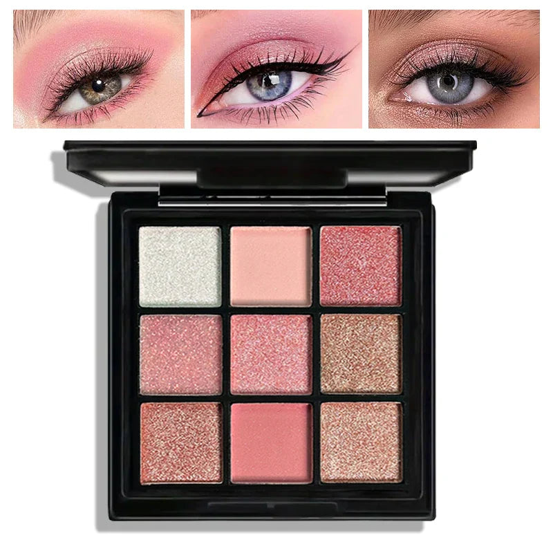 9-Grid Red & Purple Eyeshadow Palette with matte, shimmer, and glitter shades in red and purple tones