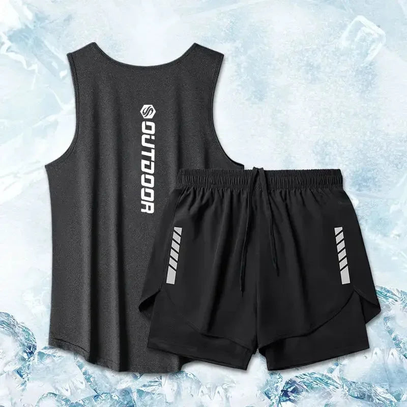 Men’s summer quick-dry fitness tracksuit vest and shorts set in black with breathable fabric and reflective details