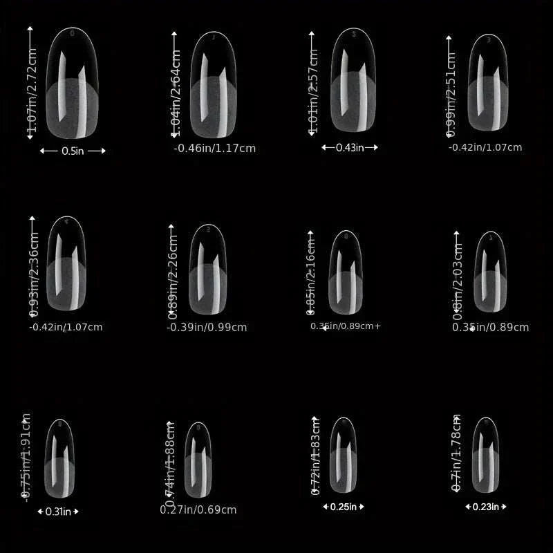 Set of clear full cover press-on nail tips in various sizes for DIY gel or acrylic nail extensions