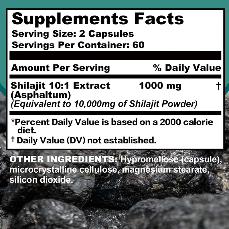 Shilajit supplement facts label showing 1000 mg Shilajit 10:1 extract per serving with ingredients and daily value information.