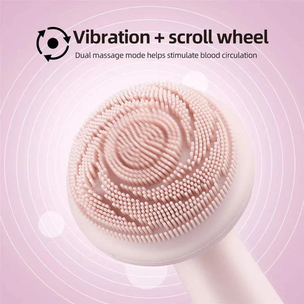 Electric silicone facial brush with soft bristles and vibration massage for deep pore cleansing and improved blood circulation.