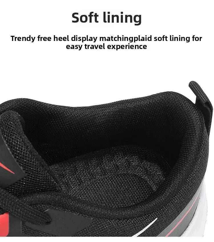 Close-up of black lightweight running shoe showing soft, breathable lining for comfortable fit and easy travel experience