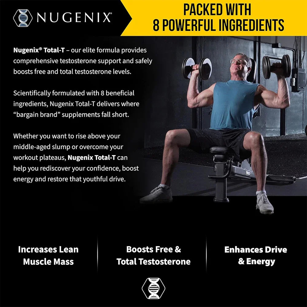 Middle-aged man lifting dumbbells in gym promoting B vitamin supplement for muscle growth, energy, and testosterone support