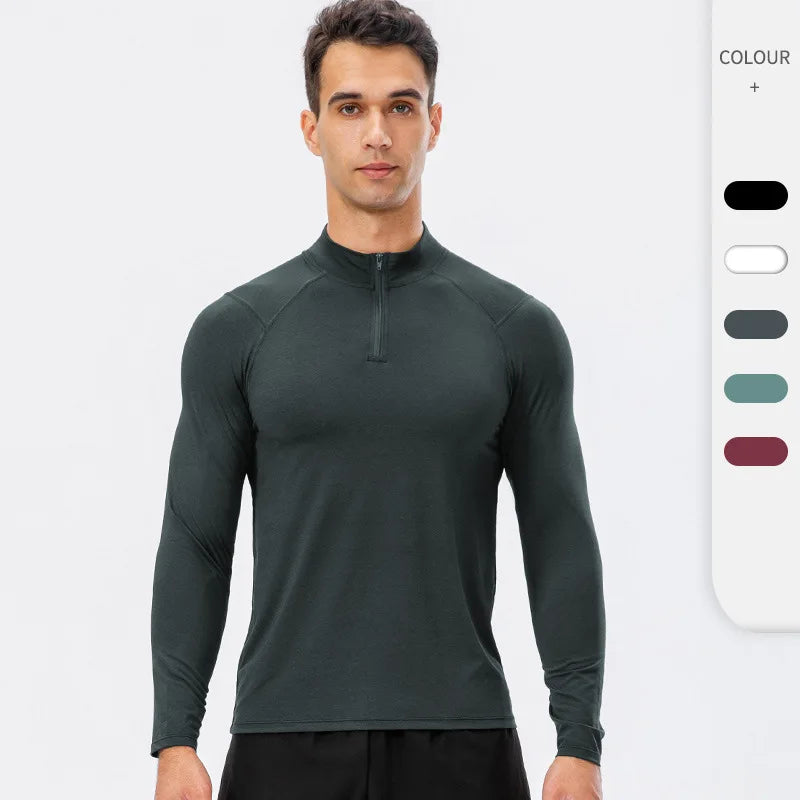 men's autumn fitness long-sleeved quick-dry running top with half-zip slim fit in dark color