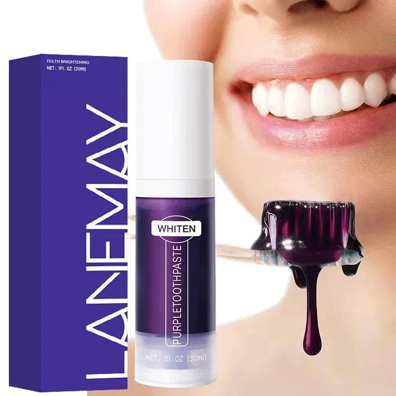 5D Teeth Whitening Stick with purple toothpaste formula next to smiling person with white teeth and product packaging
