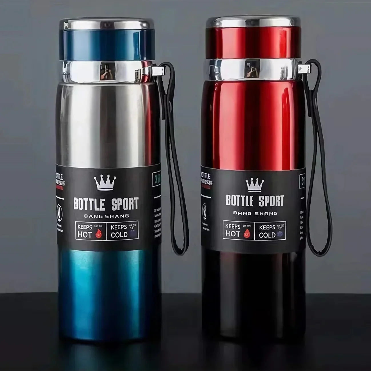 Two 1L hot and cold stainless steel thermos bottles in blue and red with leakproof design and carrying straps.