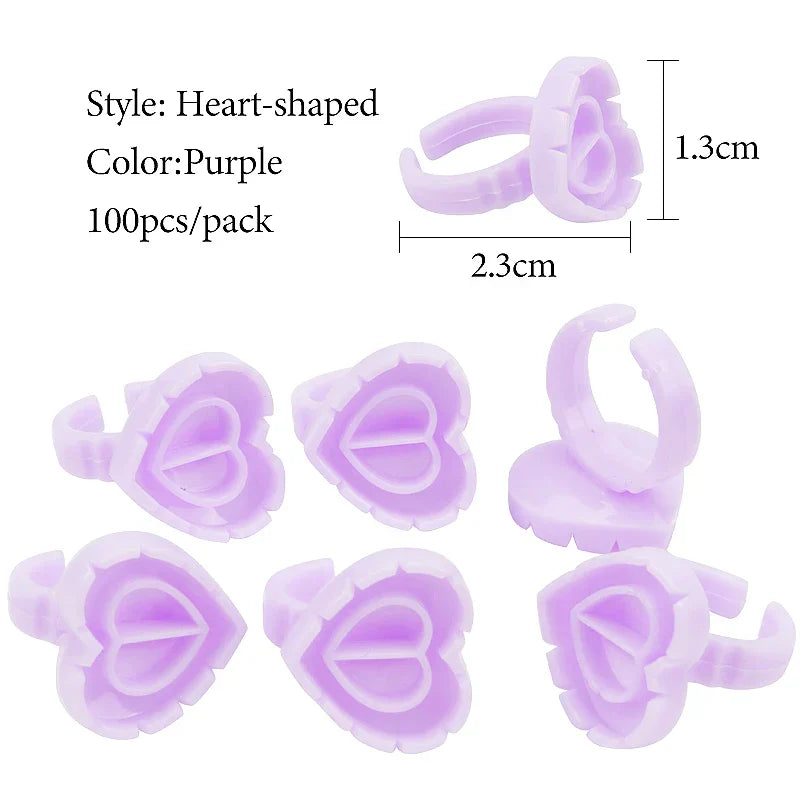 Purple heart-shaped disposable glue ring cups for lash extensions and tattoo pigments, 100 pcs pack