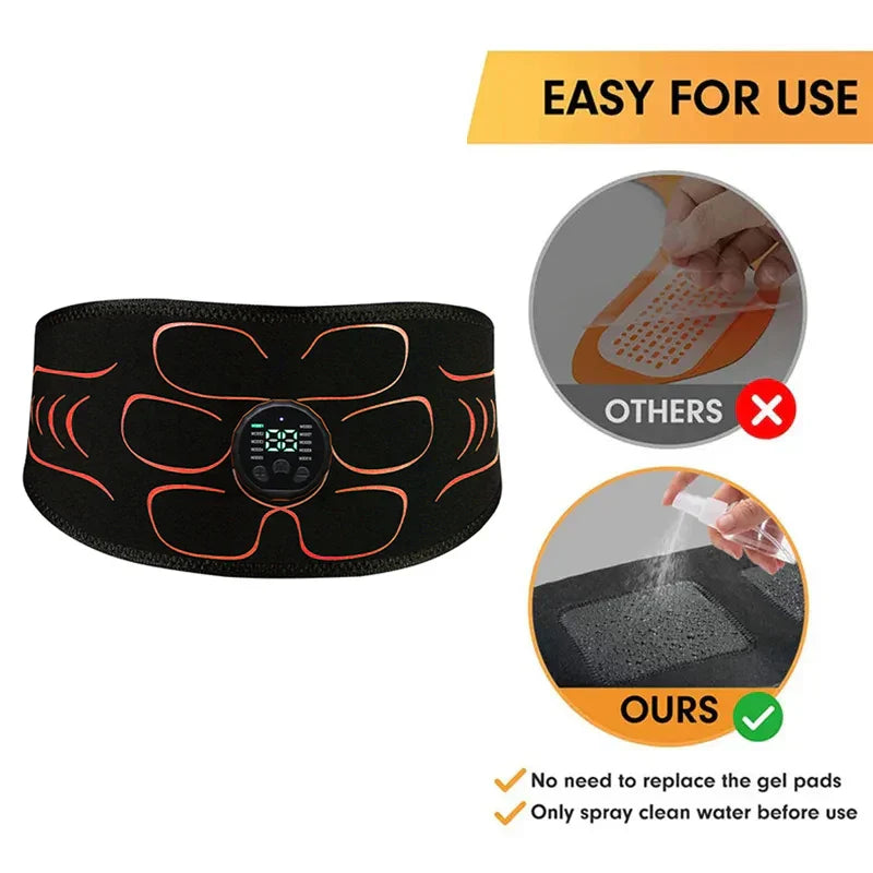 Smart abdominal massager belt with EMS technology for muscle toning and vibration massage, USB rechargeable and easy to clean.