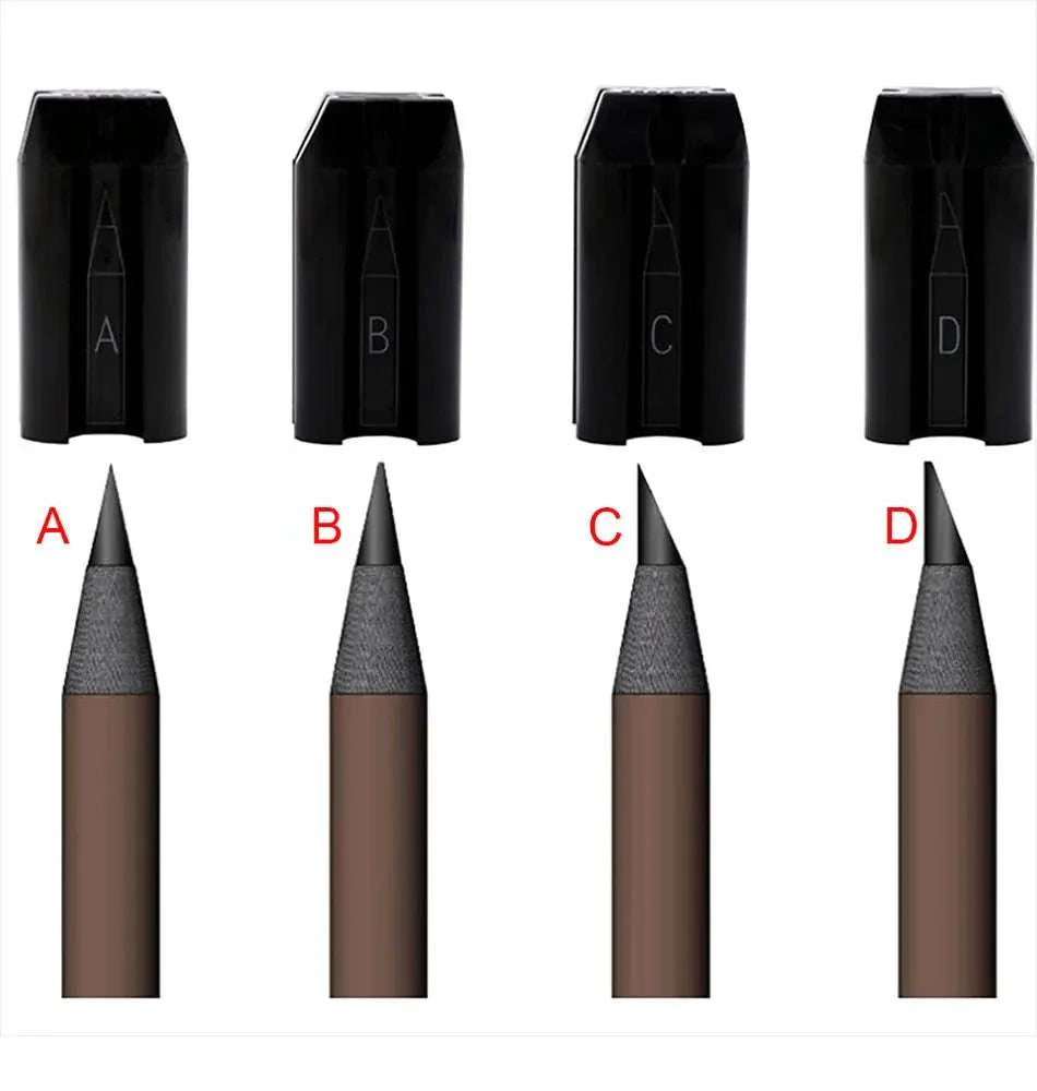 Set of four eyebrow pencil tips with different shapes and corresponding black caps for precise brow grooming and shaping.