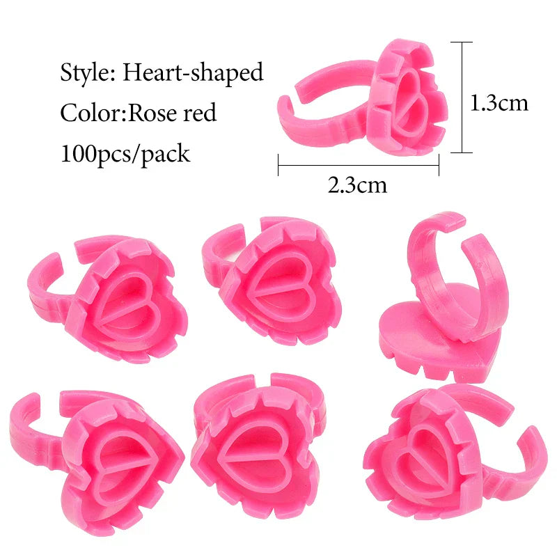 100 pcs rose red heart-shaped disposable glue ring cups for lash extensions and tattoo pigments, wearable and hygienic design