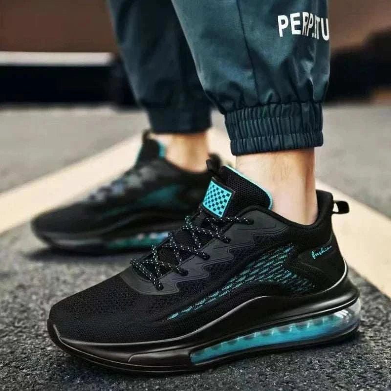 Men's black casual running shoes with breathable mesh upper and visible blue air cushion sole for comfort and style