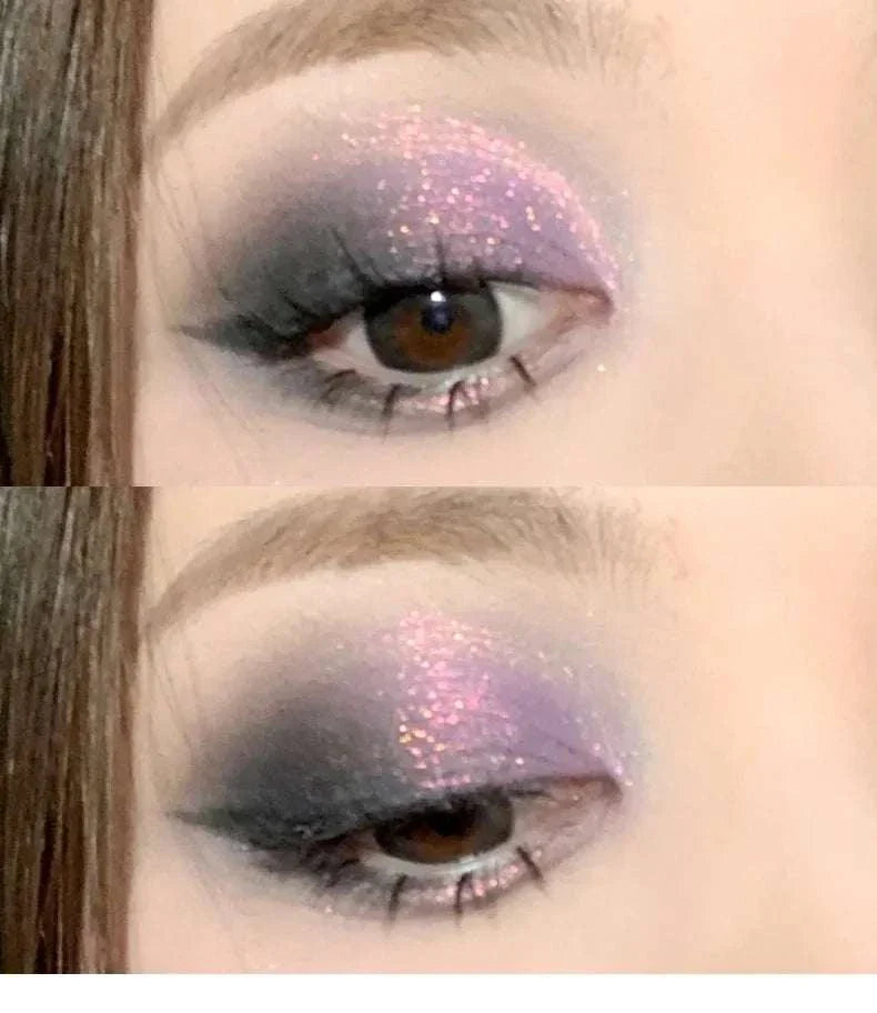 close-up of eye makeup featuring purple glitter and black smoky eyeshadow using Diamond Glitter Monochrome Eyeshadow Palette