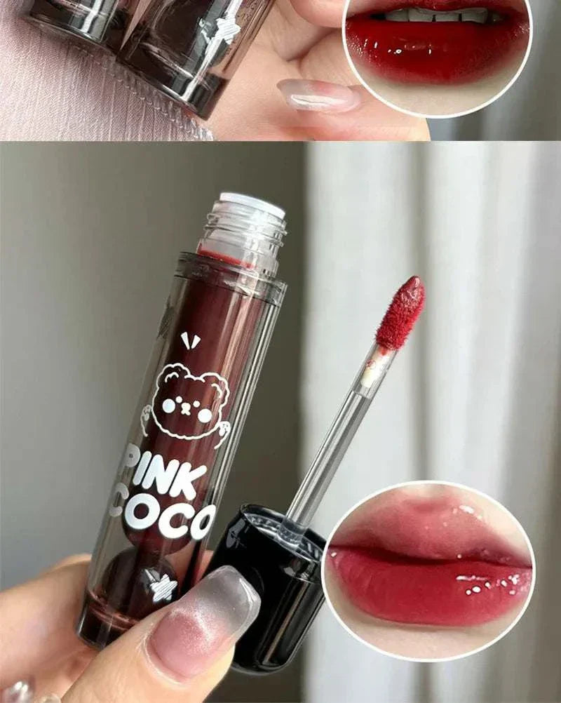 PINKCOCO Bear Doodle Mirror Lip Glaze in glossy red with cute bear packaging and smooth hydrating finish