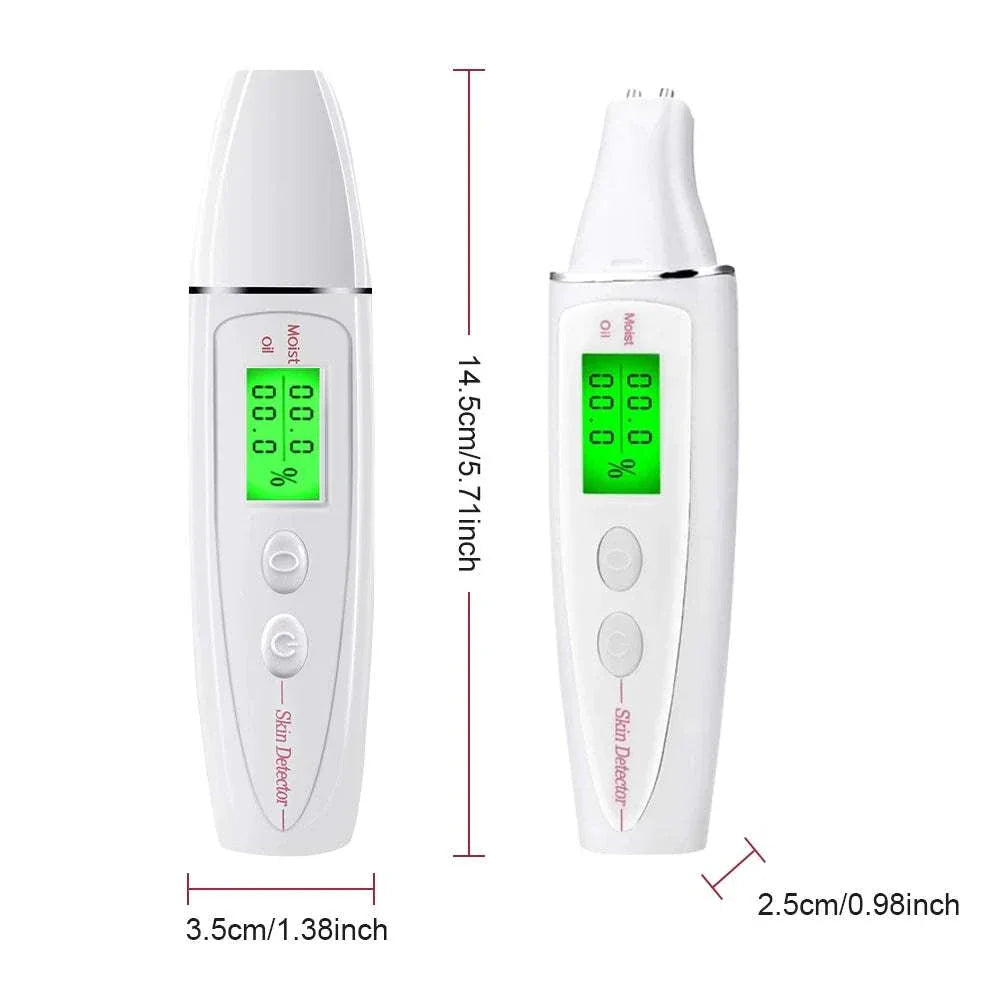 Digital skin analyzer and moisture monitor with LCD display, portable design, and one-touch operation for accurate facial skin moisture and oil analysis.