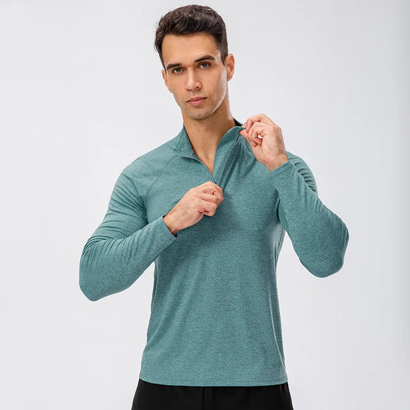 Men's autumn fitness long-sleeved quick-dry half-zip running top with slim fit design