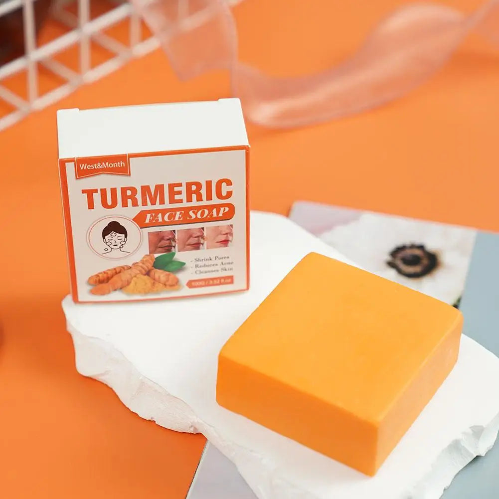 Turmeric face soap bar and packaging for brightening and whitening skin with natural ingredients