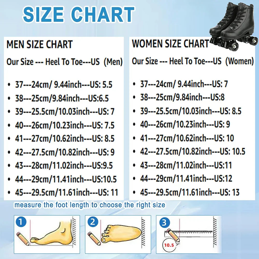 PU leather flash roller skates with light-up quad wheels and lace-up closure, size chart for men and women