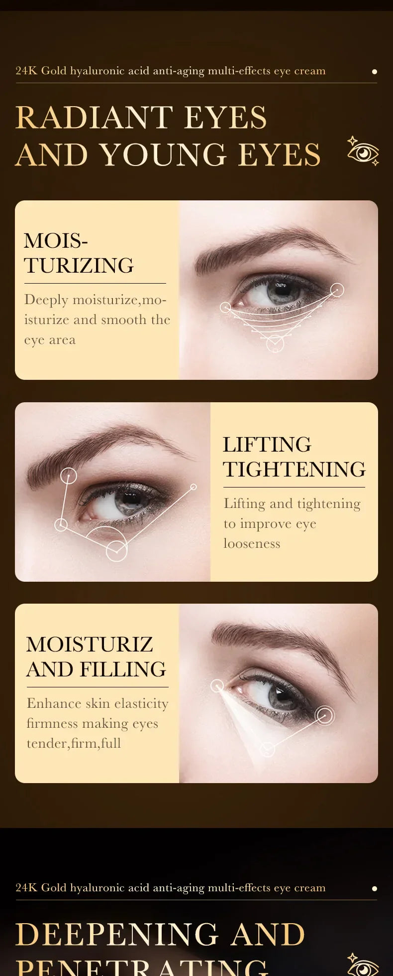 24K Gold Hyaluronic Acid eye cream moisturizing lifting anti-aging treatment for dark circles and puffiness