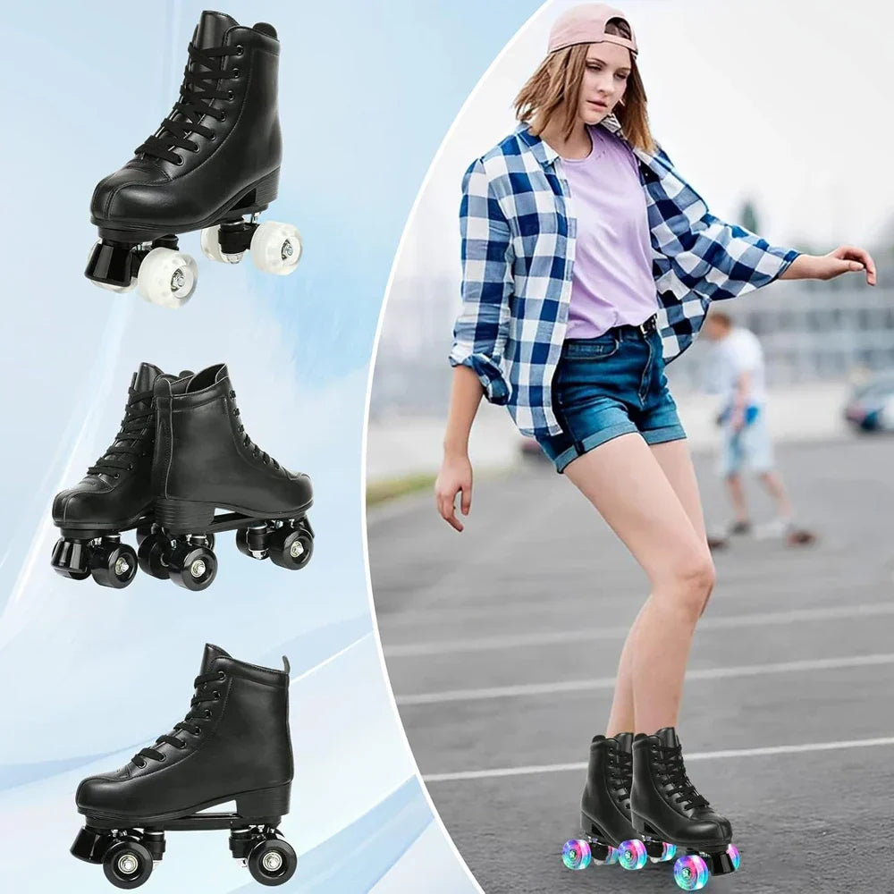 Black PU leather flash roller skates with light-up wheels and high-top design for smooth and stylish skating