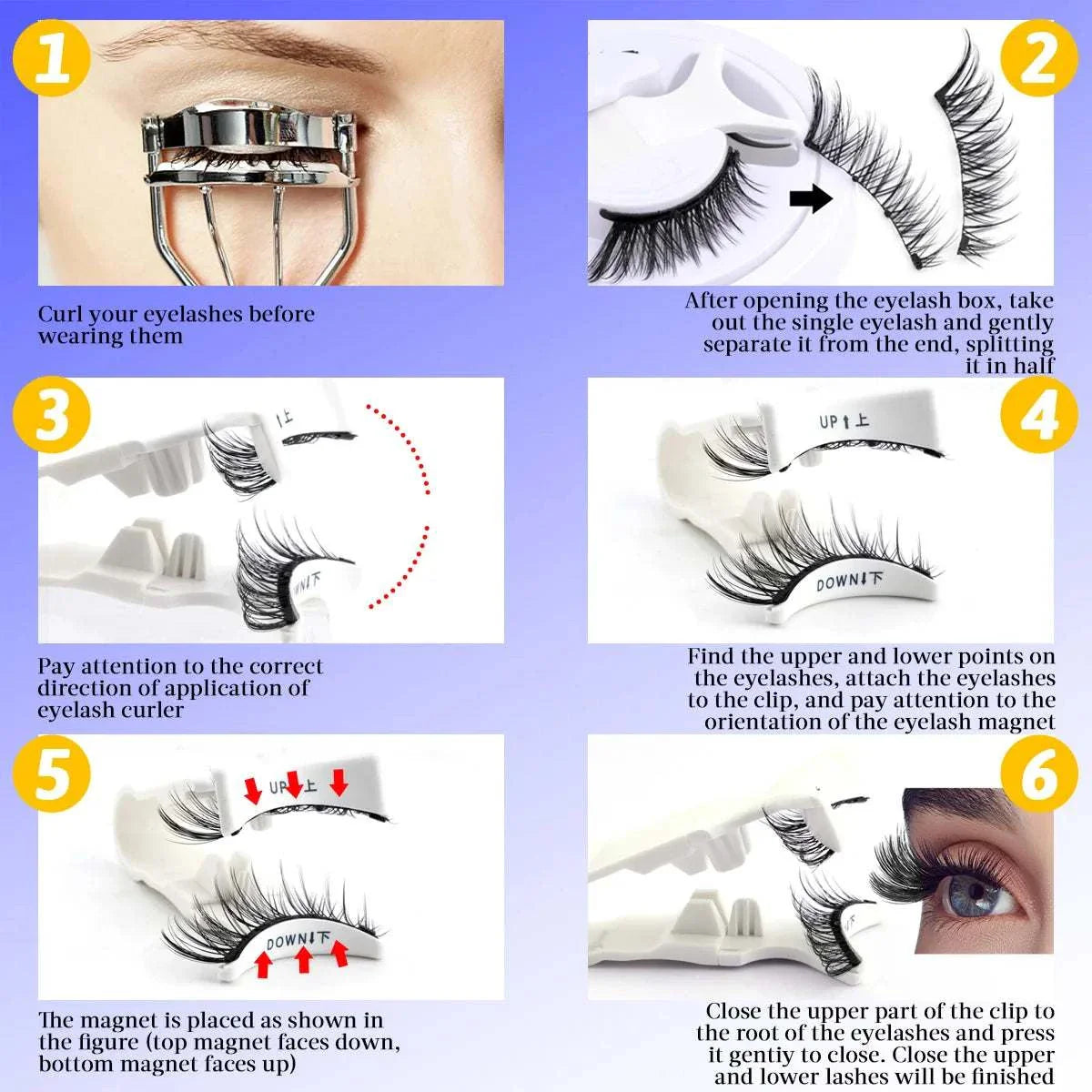 Step-by-step application of hot magnetic eyelashes set showing curling lashes, separating magnetic lash parts, aligning upper and lower magnets, and securing lashes on eyelid with magnetic tweezers for a natural bold look.