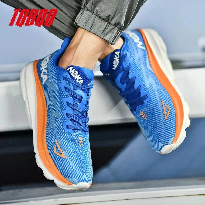 Blue carbon plate air cushion running shoes with lightweight breathable mesh and durable rubber outsole for unisex performance
