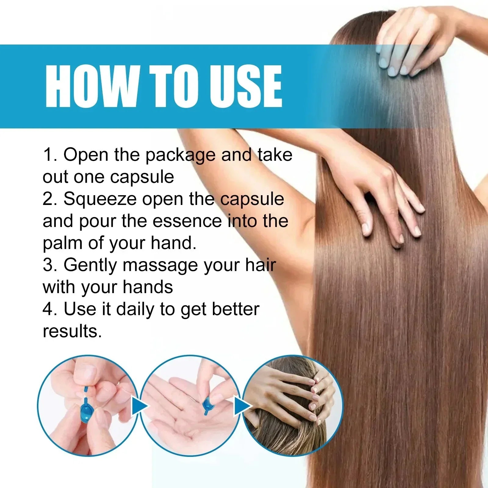 Woman applying Magic Hair Vitamin Capsules essence to smooth shiny hair with usage instructions