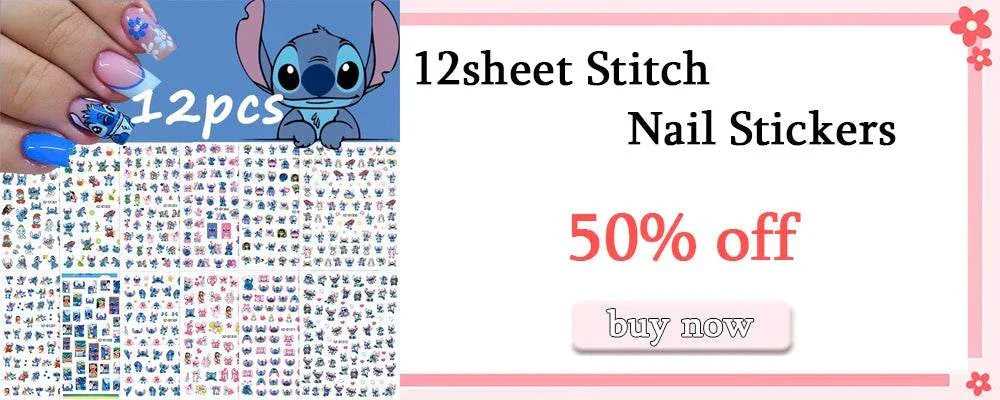 Cartoon Mini Stitch nail stickers with 12 sheets, featuring cute blue character designs for nails, 50% off promotion.