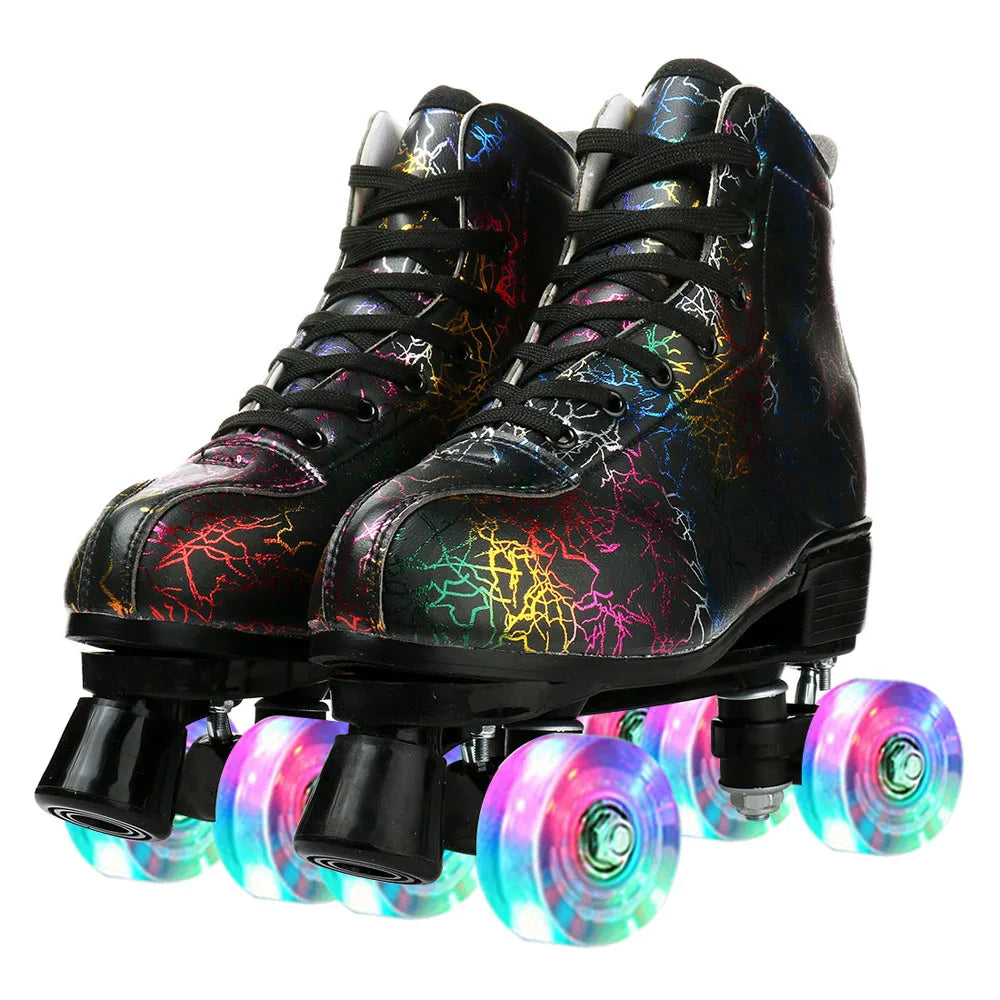 PU leather quad roller skates with light-up flash wheels and high-top sneaker design for smooth, stylish rides