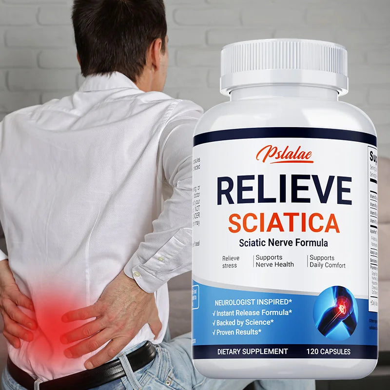 Bottle of Relieve Sciatica dietary supplement for nerve and pain relief with a man holding his lower back in pain in the background