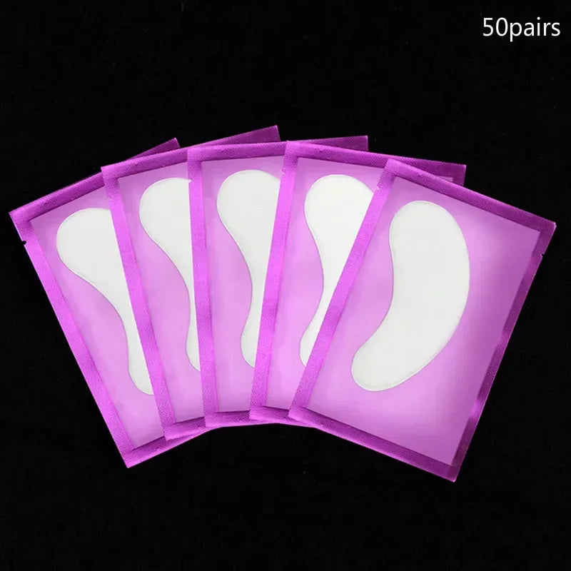 50 pairs eyelash gel patches in purple packaging for eye care and lash extension application