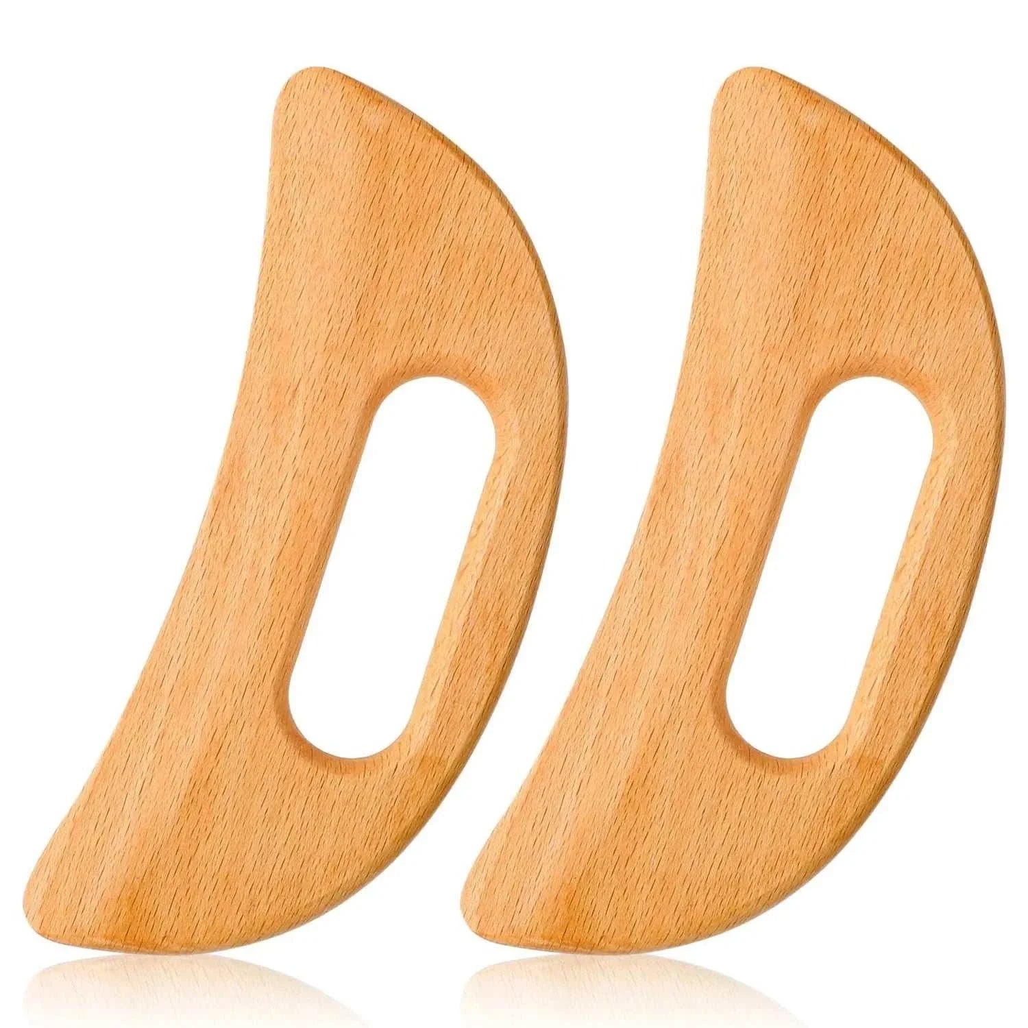 Pair of ergonomic wooden Gua Sha tools for manual anti-cellulite massage and body therapy