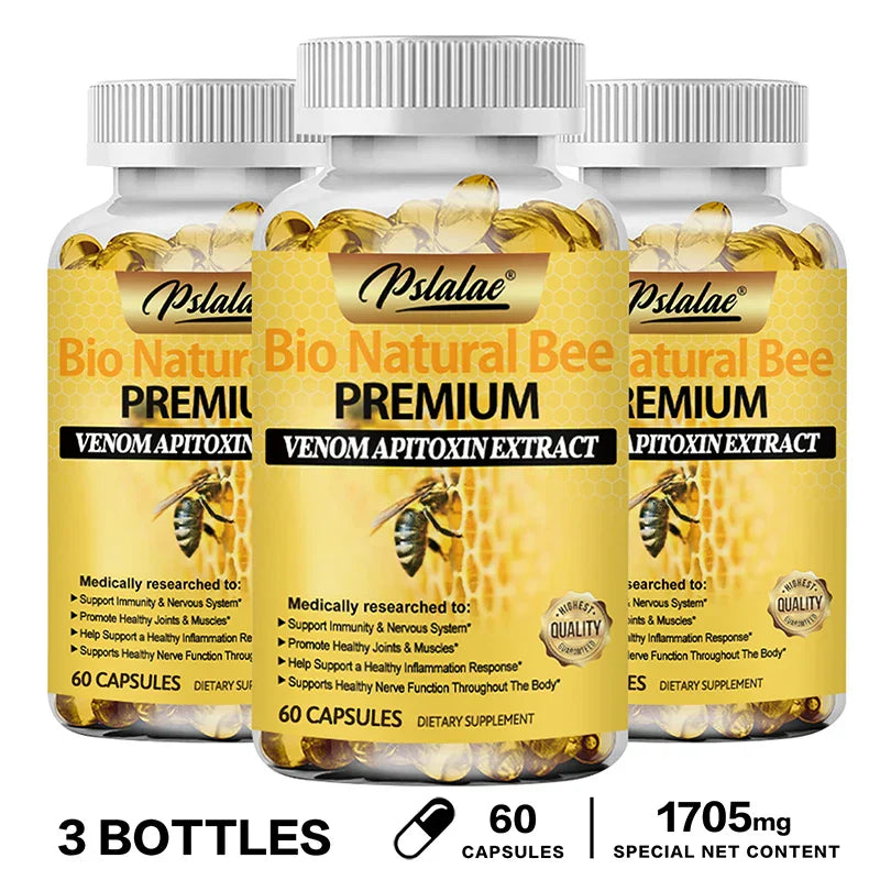 Three bottles of Pslalae Bio Natural Bee Premium Venom Apitoxin Extract capsules for joint relief, bone health, and immunity boost, 180 capsules total